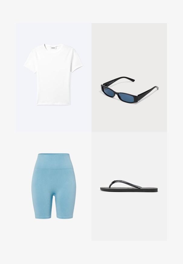 Camiseta blanca lisa de manga corta con cuello redondo y una pequeña etiqueta "WEEKDAY" dentro del cuello, mostrada extendida sobre un fondo claro.; Pantalones cortos de canalé azul claro con una cinturilla alta, que cuentan con una textura suave y una silueta ajustada, ideales para el uso activo o casual.; Sandalia tipo chancla de goma negra con suela texturizada y tira en forma de Y, vista desde un lado sobre un fondo blanco.; Gafas de sol negras con una elegante montura rectangular y lentes azules. Presentan una textura suave y varillas resistentes. Logo de la marca en el costado.