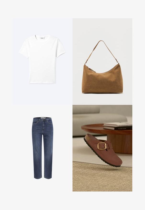Einfaches weißes T-Shirt mit kurzen Ärmeln und Rundhalsausschnitt sowie kleinem "WEEKDAY"-Etikett im Nacken, flach auf einem hellen Hintergrund präsentiert.; Blaue Jeans mit geradem Bein, vorderen Taschen, Gürtelschlaufen und Knopfverschluss, dargestellt vor weißem Hintergrund.; Brauner Slip-On-Schuh mit großer goldener Schnalle, Korksohle und schwarzer Laufsohle, der über einem beigen Teppich in der Nähe eines Holztisches mit gestapelten Büchern schwebt.; Braune Wildleder-Umhängetasche mit einem einzelnen Träger und einem Reißverschluss oben, präsentiert vor einem schlichten weißen Hintergrund.