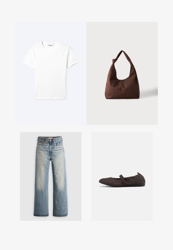 Einfaches weißes T-Shirt mit kurzen Ärmeln und Rundhalsausschnitt sowie kleinem "WEEKDAY"-Etikett im Nacken, flach auf einem hellen Hintergrund präsentiert.; Blaue Denim-Jeans mit weitem Bein, leichter Waschung, hoher Taille, fünf Taschen-Design und Messingbeschlägen. Ausgewaschene Akzente an der Vorder- und Rückseite.; Brauner Ballettschuh mit elastischem Riemen und abgerundeter Spitze, seitliche Ansicht vor weißem Hintergrund.; Braune strukturierte Stoffhandtasche mit einem einzelnen Griff, der zu einem Knoten gebunden ist, vor einem einfachen hellen Hintergrund dargestellt.