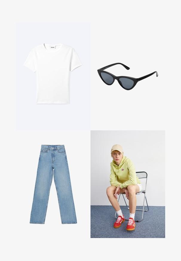 Ensfarvet hvid t-shirt med korte ærmer og rund halsudskæring med en lille "WEEKDAY" label indeni halskanten, vist fladt på en lys baggrund.; Lys blå denim jeans med høj talje, lige ben-design, der har fem lommer og en knaplukning. Ingen synlige mønstre.; Lysegrøn hættetrøje med logo, hvide shorts, røde sneakers med hvide striber, siddende på en krom foldebænk mod en neutral baggrund.; Sorte katteøje solbriller med mørkegrå linser, slankt plastisk stel, spidse hjørner og lige stænger. Ingen synlig hardware eller dekorationer.