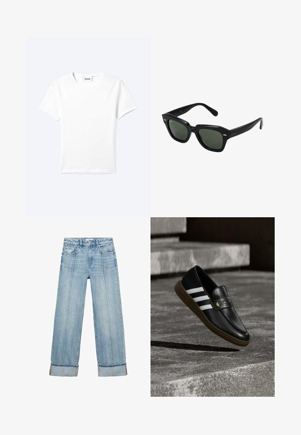 Camiseta blanca lisa de manga corta con cuello redondo y una pequeña etiqueta "WEEKDAY" dentro del cuello, mostrada extendida sobre un fondo claro.; Jeans anchos de mezclilla azul claro con una cintura alta, que cuentan con cinco bolsillos, costuras visibles y dobladillos en los puños.; Mocasín de cuero negro con rayas blancas y suela marrón, colocado sobre escaleras de hormigón que proyectan una sombra en el suelo.; Gafas de sol cuadradas negras con lentes verde oscuro, con montura audaz y acentos plateados en los laterales. Fabricadas en Italia.