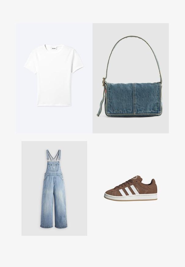 Effen wit T-shirt met korte mouwen en ronde hals met een klein "WEEKDAY" label aan de binnenkant van de hals, plat neergelegd op een lichte achtergrond.; Lichtblauwe denim overall met wide benen, verstelbare schouderbanden, een voorzak en metalen knopen aan de zijkanten. Klassieke stijl met een ontspannen pasvorm.; Bruine suède sneaker met witte leren strepen, rubberen zool, ronde neus en vetersluiting. Kenmerkt zich door een logo op de tong en geperforeerde accenten.; Denim schoudertas met een opvouwbaar ontwerp, lichtblauwe kleur, zichtbare stiksels, verstelbare schouderband en een zijlabel accent.