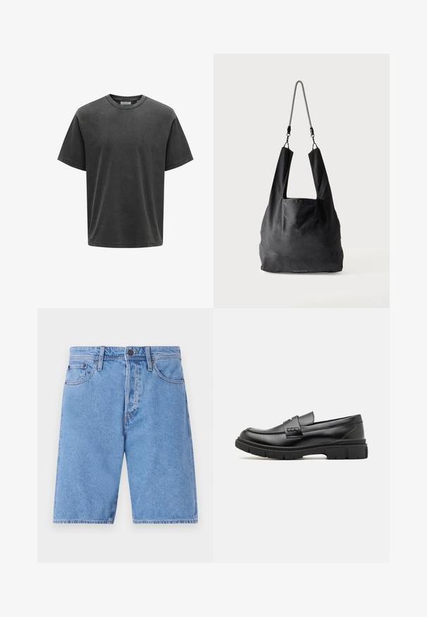 Kullsort kortærmet T-shirt med rund hals, afslappet pasform og subtilt falmet tekstur.; Lys blå denimshorts med et klassisk fem-lomme design, knaplukning og lige ben, prydet med en falmet tekstur og syninger som detaljer.; Sort læder loafersko med en bred rem over forfoden, gummisål med tykke mønstre og glat overflade. Klassisk, slankt design.; Sort blød stofnettaske med brede håndtag og en tynd sort-hvid flettet skulderrem.