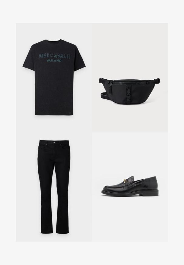Zwarte katoenen t-shirt met "JUST CAVALLI MILANO" in felblauwe borduursel over de borst, met een ronde halslijn en een ontspannen pasvorm.; Zwarte denim jeans met een rechte pijp, met een middelhoge taille, vijf zakken en metalen hardware accentueert. Soepele textuur.; Zwarte leren instappers met een ronde neus, voorzien van een gouden hardware accent en stikdetails, geplaatst op een lage, getextureerde rubberen zool.; Zwarte Moschino heuptas met rits aan de voorkant en verstelbare band op een egale lichte achtergrond.
