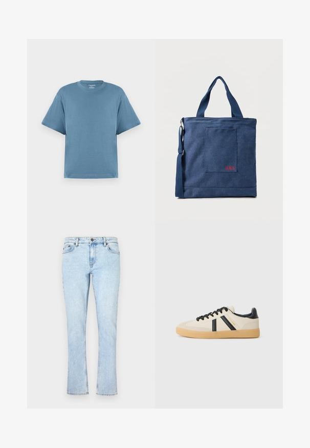 Blauw T-shirt met korte mouwen, gemaakt van katoen, met een ronde hals en een ontspannen pasvorm. Gladde textuur, minimalistisch ontwerp, geen patronen of accenten.; Lichtblauwe denim jeans met een rechte pijp, voorzien van een knoopsluiting, vijf zakken en subtiele vervaging voor textuur.; Casual sneakers in crème met zwarte strepen, voorzien van een gestructureerde bovenkant en een gumrubberen zool. Veters zijn zwart. Subtiel logo aan de zijkant.; Blauwe canvas tas met voorvak en rode "O.N.S" borduring, voorzien van dubbele handvatten en een verstelbare schouderriem.