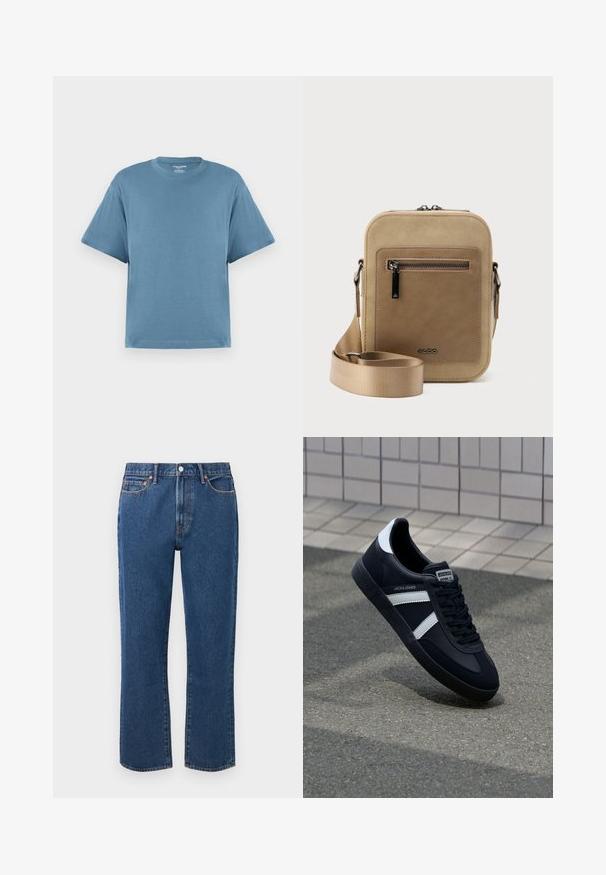 Blå kortærmet t-shirt, lavet af bomuld, med rund hals og løs pasform. Glat tekstur, minimalistisk design, uden mønstre eller accenter.; Blå straight-leg jeans lavet af denim, med knaplukning, fem lommer og kontrasterende orange stikninger.; Sort lædersneaker med hvide striber, tekstureret gummisål og snørrebånd foran. Har et brandet mærke på tungen.; Lille beige crossbody-taske med lynlåslomme foran, metal ALDO-logo, justerbar bred rem og rundet rektangulær form på hvid baggrund.