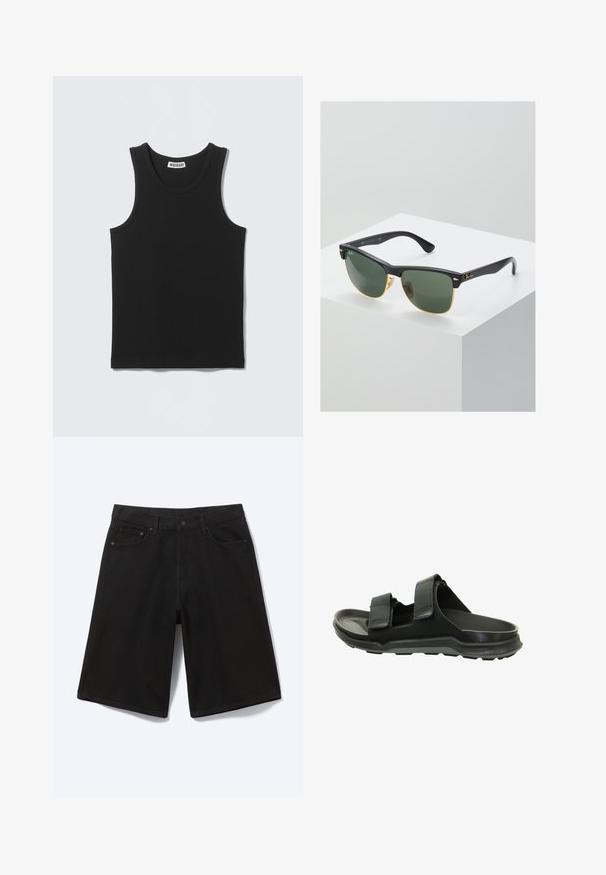Sort ærmeløs ribbet tanktop med rund halsudskæring og Weekday-mærke på inderkraven bagpå.; Sorte denim shorts til knæet med frontknap, bæltestropper og fem lommer, vist mod en hvid baggrund.; Sorte sandaler har to justerbare stropper, et struktureret ydermateriale og en polstret sål med en skridsikker bund for godt fodfæste.; Ray-Ban solbriller med grønne linser, sorte plastikstel og gyldne detaljer ved kanterne. Firkantet form med mat finish.