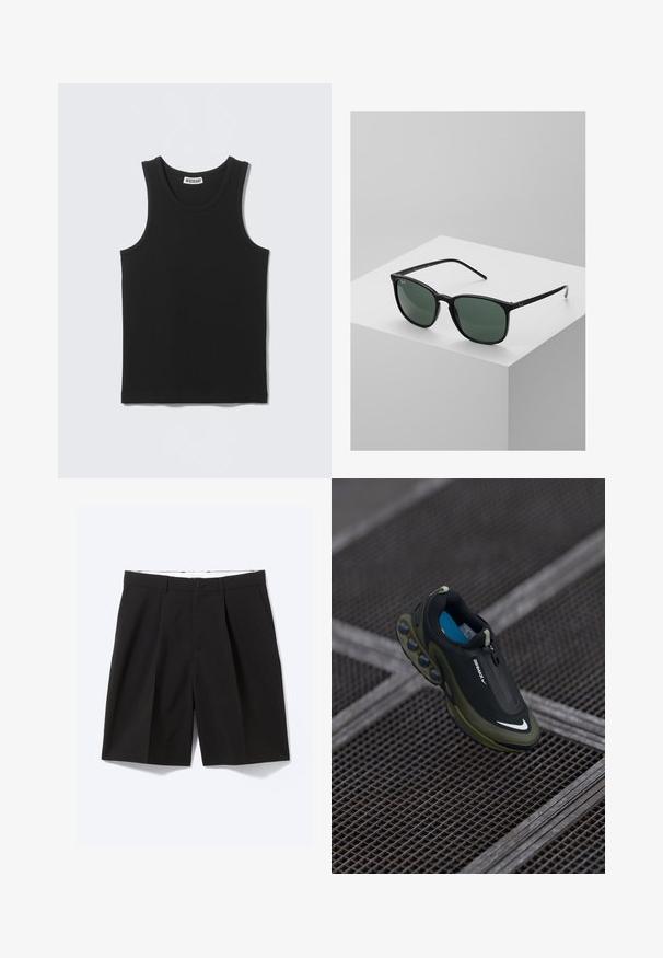 Zwart mouwloos geribd tanktopje met ronde hals en Weekday merklabel aan de binnenkant van de achterkraag.; Zwarte op maat gemaakte knielange short met riemlussen, zijzakken, knoopsluiting en voorplooien, plat gelegd op een witte achtergrond.; Zwarte en olijfgroene Nike Air Max-schoen met een gladde bovenkant, ritssluiting en onderscheidende luchtkussens op de zool. Blauwe binnenzool zichtbaar.; Zwarte rechthoekige zonnebril met donkergroene lenzen, voorzien van een lichtgewicht plastic frame en zilveren Accenten op de pijlen.