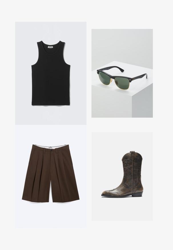 Camiseta negra sin mangas con costillas, escote redondo y etiqueta de la marca Weekday en el interior del cuello trasero.; Pantalones cortos marrones plisados hasta la rodilla con bolsillos laterales, trabillas para cinturón y cierre de botón, etiquetados con "WEEKDAY" en la cinturilla interior.; Bota de cowboy de cuero marrón con un caña alta, puntera puntiaguda, patrones de costura intrincados y un tacón pequeño. Acabado texturizado en toda la bota.; Gafas de sol Ray-Ban con lentes verdes, montura de plástico negro y acentos dorados en los bordes. Forma cuadrada con acabado mate.