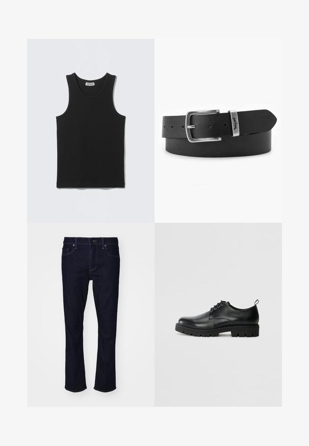 Débardeur noir sans manches en côtes, col rond et étiquette de la marque Weekday à l'intérieur du col au dos.; Jean denim bleu foncé avec une coupe droite, cinq poches et de subtils détails de couture. Fermeture par bouton et zip.; Chaussure en cuir noir à bout arrondi, présentant un design à lacets, une semelle en caoutchouc noire robuste et un petit onglet de talon à l'arrière.; Ceinture en cuir noir avec une boucle rectangulaire argentée et un accent logo. Comprend plusieurs trous pour un ajustement réglable et une texture lisse.