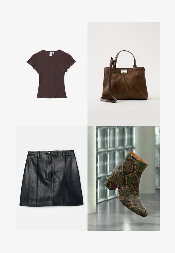 Top ajustado de manga corta de canalé marrón oscuro con escote redondo y dobladillos ondulados en las mangas y el borde inferior.; AERON RUDENS SKIRT - Falda acampanada - black; Botín de tobillo único con patrón de piel de serpiente marrón y verde con tacón bloque flotando sobre un suelo de hormigón pulido cerca de una pared de bloques de vidrio.; Bolso marrón de ante con asas de cuero y correa de hombro ajustable, con cierre plateado sobre un fondo blanco liso.