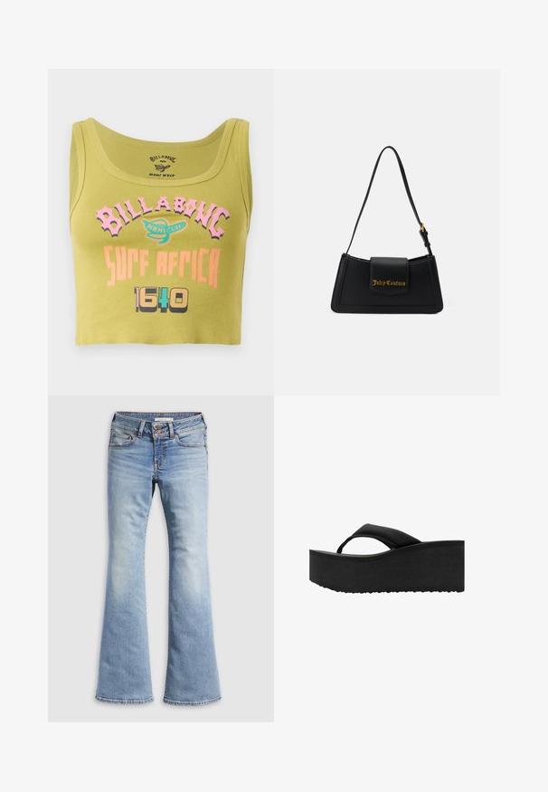 Débardeur vert à manches courtes avec le texte "Billabong Surf Africa 1640" en rose, orange et multicolore, ainsi qu'un petit logo au centre à l'avant.; Jean évasé bleu clair en denim. Il présente une fermeture par bouton, cinq poches et une texture délavée avec des ourlets sans couture.; Tongs noires à semelle plate épaisse et rembourrée avec une large bride sur les orteils, vues de côté sur fond blanc.; Sac à main en imitation cuir noir, de forme rectangulaire, avec un logo doré et une seule sangle ajustable. Il présente une fermeture à rabat et un design épuré.