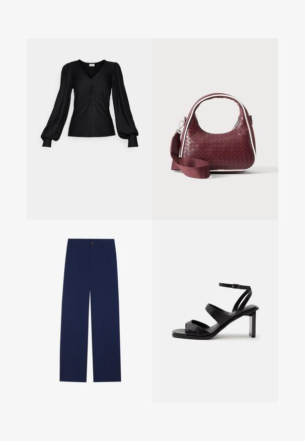 Tops noir à manches longues en tissu doux avec un col en V, des détails froncés à l'avant, et des manches bouffantes volumineuses avec des poignets ajustés.; Pantalons larges bleu marine en tissu lisse, dotés de poches avant, d'une fermeture à bouton et d'un design sur mesure avec des plis.; Sandale noire à talon haut avec trois brides, une boucle à la cheville et un bout carré sur fond blanc.; Sac à main en cuir tressé marron foncé avec poignée courbée, garniture blanche, fermeture éclair argentée et bandoulière large en tissu amovible sur fond uni.