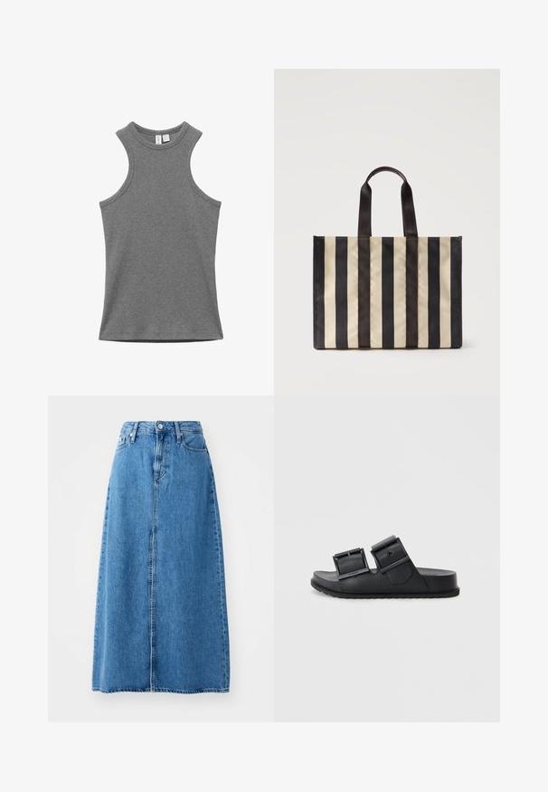 Camiseta de tirantes gris acanalada, sin mangas y con cuello redondo, extendida sobre un fondo blanco, etiquetas visibles en el cuello.; Falda maxi de denim azul con un cierre de botones en la parte delantera, dos bolsillos y un diseño recto con un dobladillo sin terminar. Clásica y versátil.; Sandalias de slide negras hechas de un material texturizado con dos correas ajustables que cuentan con hebillas. Suela plana con un diseño de dibujo para mayor agarre.; Bolsa tote con rayas verticales negras y beige, con dos asas negras, de forma rectangular, de pie sobre un fondo blanco.