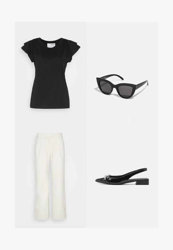 Selected SLFCAMILA RUFFLE TEE - T-shirt basic - black; Envii PANTS - Broek - oatmeal; Zwarte slingback schoen van lakleer met een spits toelopende neus, lage blokhak en zilverkleurige hardware aan de voorkant.; Zwarte cat-eye zonnebril met een matte afwerking, voorzien van grijs getinte glazen, scherpe hoeken en slanke zijarmen. Merkennaam zichtbaar op de binnenarm.