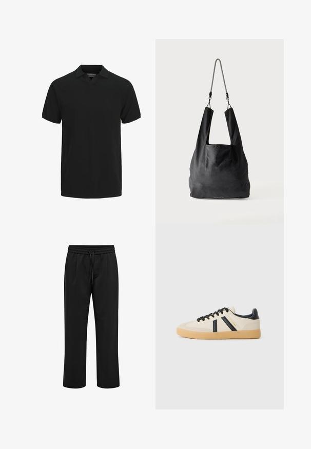 Polo noir à manches courtes avec col et petite ouverture en V, en tissu texturé.; Pantalon décontracté noir avec taille élastique et cordon, coupe droite et plis à l'avant.; Baskets décontractées en crème avec des rayures noires, présentant un dessus texturé et une semelle en caoutchouc. Les lacets sont noirs. Logo discret sur le côté.; Sac fourre-tout en tissu noir doux avec de larges anses et une fine bandoulière tressée noire et blanche.