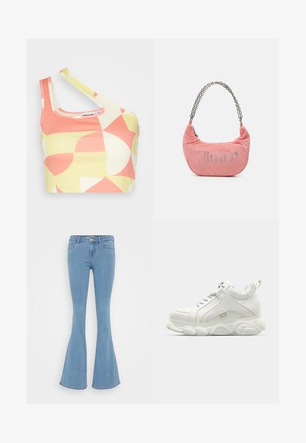 Noisy May CROSS NECK CROP - Top - eggnog/pale lime yellow/sun kissed coral; Lichtblauwe uitlopende jeans van denim, met een standaard tailleband, vijf zakken en een gladde textuur zonder zichtbare patronen.; Witte sportieve sneakers met een gladleren bovenkant, ronde zool en textuuraccent. Beschikt over veters en een trekring aan de achterkant.; Juicy Couture KIMBERLY SMALL SET - Handtas - pink