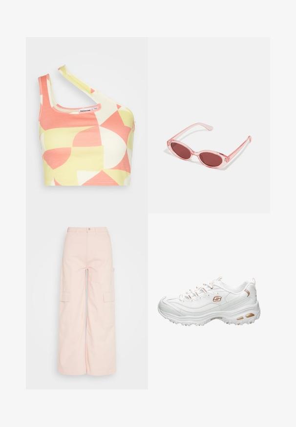 Noisy May CROSS NECK CROP - Top - eggnog/pale lime yellow/sun kissed coral; Weekday SIENNA TROUSER - Kapsáče - pink dusty light; Biele športové tenisky vyrobené z hladkého syntetického materiálu. Obsahujú textúrované akcenty, kovový zlatý detail, šnurovací dizajn a polstrovanú podrážku.; Ružové priehľadné slnečné okuliare s oválnymi šošovkami, tmavočerveným tónovaním a štíhlymi ramenami, so hladkým povrchom a jemnými detailmi na ráme.