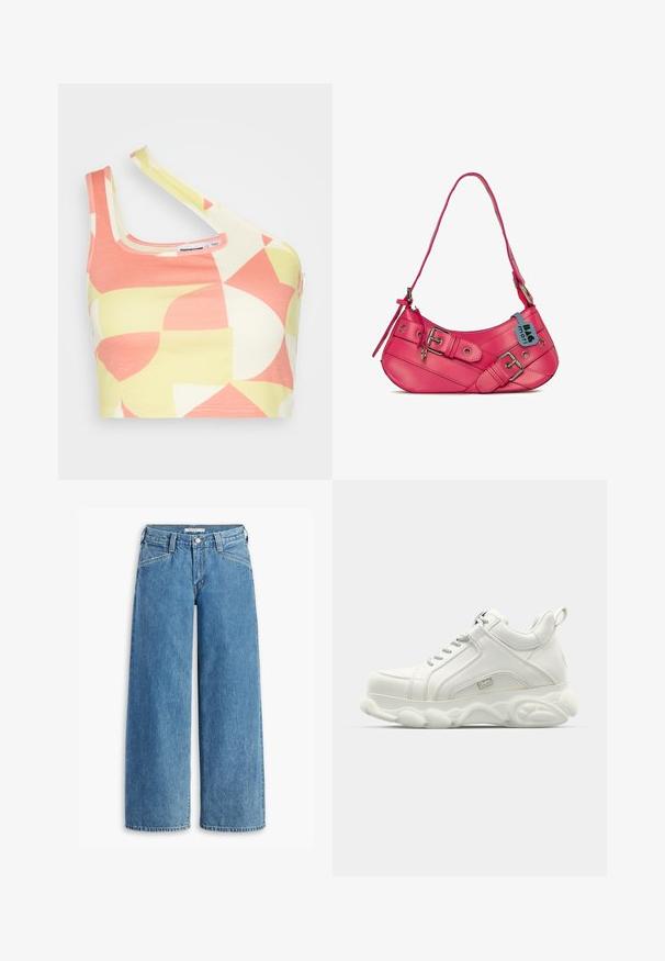 Noisy May CROSS NECK CROP - Top - eggnog/pale lime yellow/sun kissed coral; Hellblau weite Jeans aus Denim, mit hoher Taille, fünf Taschen und einem klassischen Knopfverschluss. Gerader Schnitt vom Oberschenkel bis zum Saum.; Weiße Sportsneaker mit einem glatten Lederobermaterial, abgerundeter Sohle und strukturiertem Akzent. Ausgestattet mit Schnürsenkeln und einem Zugband auf der Rückseite.; Rosa Lederhandtasche mit einer geschwungenen Form, ausgestattet mit einem verstellbaren Schultergurt, zwei Schnallenakzenten und einem kleinen blauen Anhänger.