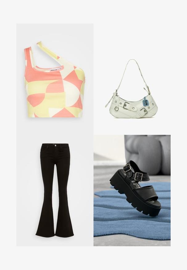 Noisy May CROSS NECK CROP - Top - eggnog/pale lime yellow/sun kissed coral; Čierne nohavice s vysokým pásom a rozšírenými nohavicami, s predným gombíkom, pútkami na opasok a piatimi vreckami, na bielom pozadí.; Čierna robustná platformová sandála so striebornými dvomi prackami na modrom textúrovanom koberci, v pozadí rozostrená sivá socha.; Biela syntetická kabelka s zakriveným siluetom, nastaviteľným popruhom, dekoratívnou prackou, striebornými kovovými detailmi a pribalenou modrou visačkou.