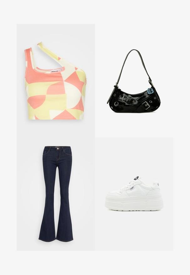 Noisy May CROSS NECK CROP - Top - eggnog/pale lime yellow/sun kissed coral; Mørke denim flare jeans med en tætsiddende talje, der har en forsænket knaplukning, fem-lomme design og sømdetaljer langs benene.; Hvide platform sneakers med en glat syntetisk overflade, rund tå, polstret krave og tekstureret sål. Har et kontrasterende logo-tag.; Sort lakeret skuldertaske med en buet form, udsmykket med sølvhardware, dekorative spænder og en kort rem. Blå mærkat vedhæftet.