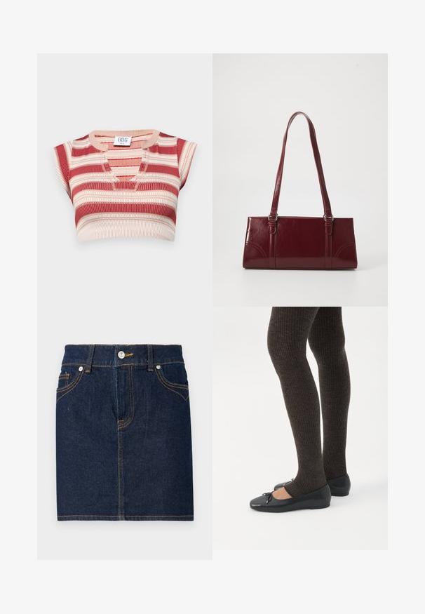 Prúžkovaný crop top v červenej a krémovej farbe s výstrihom do V a krátkymi rukávmi. Vyrobený z rebrovanej pleteniny s textúrovaným povrchom.; Tmavo modrá džínová sukňa s viditeľným šitím, dizajnom s piatimi vreckami a uzatváraním na prednej strane pomocou gombíka. Priamy strih s čistým lemom.; Nohy v tmavých pásikavých legínach v kombinácii s čiernymi balerínkami s malými mašličkami na bielom pozadí.; Bordová kabelka vyrobená z lesklého materiálu, obdĺžnikový tvar, s dvoma ramennými popruhmi a jemnými zakrivenými akcentmi na prednej strane.
