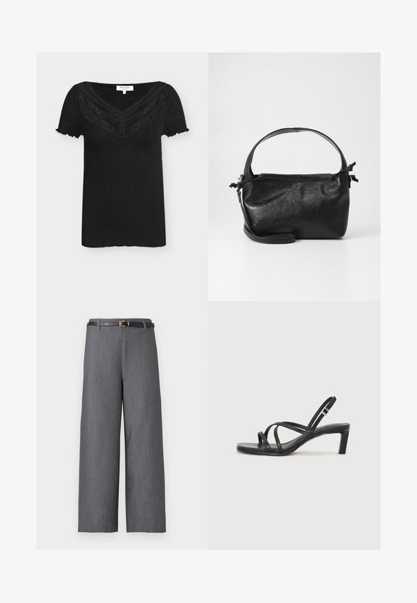 Blouse noire côtelée à manches courtes avec encolure en V en dentelle festonnée et ourlets des manches à bords ondulés, taille petite, présentée sur fond blanc.; Pantalon gris à jambes larges et taille haute, associé à une fine ceinture noire avec une petite boucle dorée.; Sandale noire à lanières avec un bout carré et un petit talon bloc. Elle présente plusieurs fines lanières et une sangle de cheville ajustable. Fabriquée en cuir lisse.; Sac à main en cuir noir au design structuré, avec une poignée arrondie et une bandoulière amovible. Présente une texture lisse et un éclat subtil.