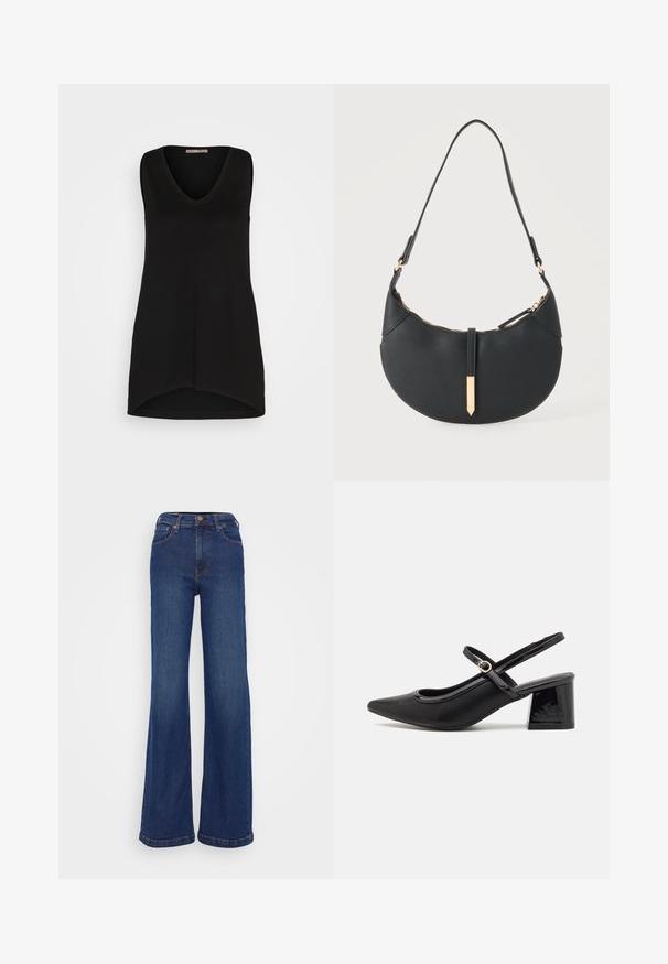 Anna Field by Zalando Top - black; Wijd-uitlopende jeans gemaakt van donkerblauwe denim. Heeft een hoge taille, vijf-pocket ontwerp en subtiele stiksels op de naden.; Zwarte gepolijste leren slingback hakken met een spitse neus, een ronde uitsnede en een blokhak. Voorzien van een gouden gespaccent.; Zwarte handtas in halve maanvorm met een enkele band, gouden rits en een gouden rechthoekige decoratieve tab aan de voorkant.