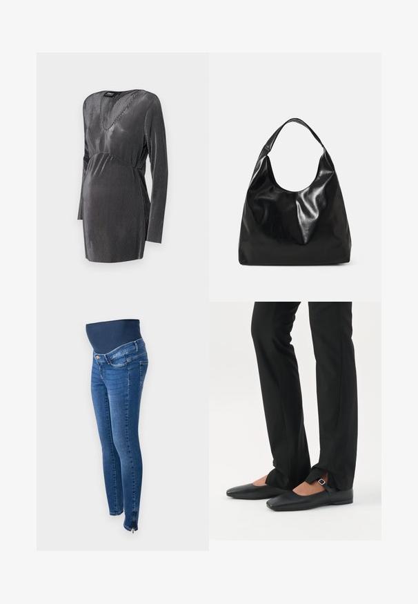 Zwart en zilver gestreepte zwangerschapsjurk met een V-hals, lange mouwen en een empire taille, ontworpen voor comfort en stijl tijdens de zwangerschap.; Zwangerschapsjeans in donkerblauwe denim. Slim fit met een rekbare, ondersteunende buikband. Voorzien van zijritsen bij de enkel.; Benen met zwarte smalle broek met voorsplitten aan de zoom, gecombineerd met zwarte platte Mary Jane-schoenen met een klein gespje.; Zwarte leren hobo tas met een zachte, glanzende textuur en een ronde, open bovenkant. Voorzien van een brede, gebogen schouderband om te dragen. Geen zichtbare hardware.