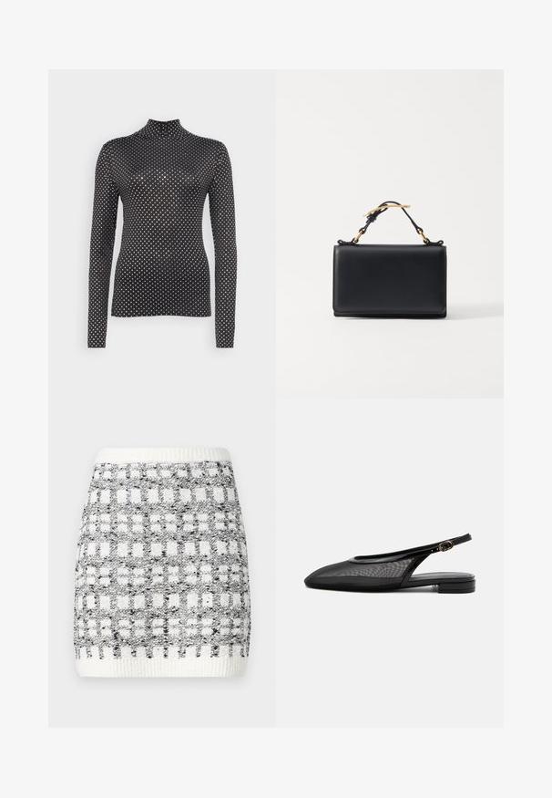 Sort langærmet turtleneck-bluse med et polkaprikket mønster i hvid, lavet af et glat, strækbart materiale. Tætsiddende design.; Striknederdel i sort og hvid med et firkantet mønster, der har en ribbet elastik og en tekstureret overflade. Længde over knæet.; Sort slingback flad sko med spids tå, mesh overdel, justerbar spænde rem og lav stablet hæl på hvid baggrund.; Sort læderhåndtaske med rektangulær form, der har en top-håndtag og hardware i guldtonet. Glat tekstur, minimalistisk design.