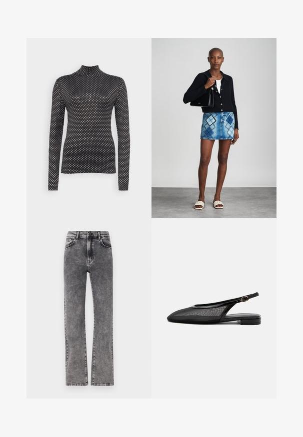 Sort langærmet turtleneck-bluse med et polkaprikket mønster i hvid, lavet af et glat, strækbart materiale. Tætsiddende design.; Grå denim højtaljede jeans med lige ben design, der har subtil whiskering og standard fem-lomme stil.; Sort slingback flad sko med spids tå, mesh overdel, justerbar spænde rem og lav stablet hæl på hvid baggrund.; Sort striktrøje, hvid top, denimnederdel med blå og sort diamantmønster, sort håndtaske og beige slidesandaler.