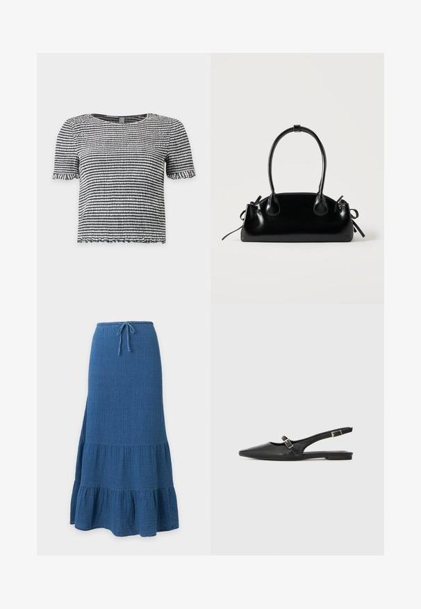 Haut à manches courtes rayé noir et blanc en tissu texturé smocké avec des bords volantés aux manches et à l’ourlet.; Jupe longue bleue avec ourlet à volants superposés et taille à cordon en tissu texturé.; Chaussures slingback en cuir noir avec un bout pointu, comprenant une lanière étroite et un accent de boucle argentée sur le côté. Semelle plate.; Petit sac à main noir brillant avec deux longues anses et des détails à cordon sur les côtés sur un fond clair uni.
