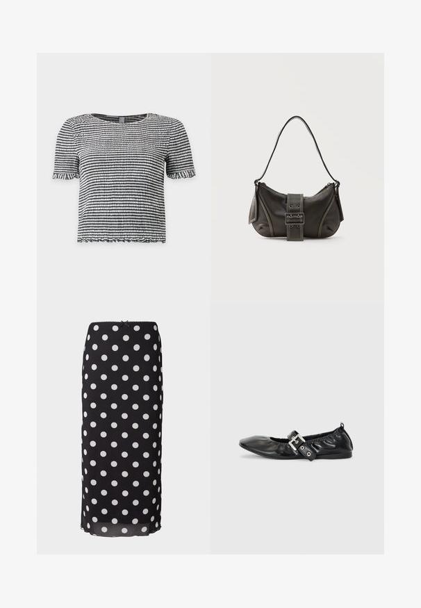 Zwart-wit gestreept topje met korte mouwen, gemaakt van een gestructureerde, geplooide stof met gerimpelde randen aan de mouwen en zoom.; Zwarte midi-rok met polka dots, gemaakt van luchtige stof met witte cirkelpatronen, voorzien van een aansluitende tailleband en een subtiele scalloped rand.; Zwarte leren platte schoen met een spitse neus, geplooide details rond de opening en een zilveren gespaccentueerde verstelbare band.; Zwarte leren schoudertas met gespsluiting aan de riem, afgeronde hoeken en contrasterende witte stiksels op een effen achtergrond.