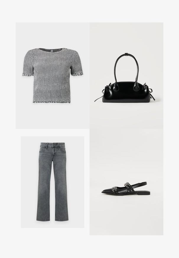 Zwart-wit gestreept topje met korte mouwen, gemaakt van een gestructureerde, geplooide stof met gerimpelde randen aan de mouwen en zoom.; Grijze denimjeans met rechte pijpen, voorzien van knopen aan de voorkant, rits en vijfzakken, afgebeeld tegen een witte achtergrond.; Even&Odd by Zalando Slingback ballerina´s - black; Kleine zwarte glanzende handtas met twee lange hengsels en zijkant trekkoord details op een effen lichte achtergrond.