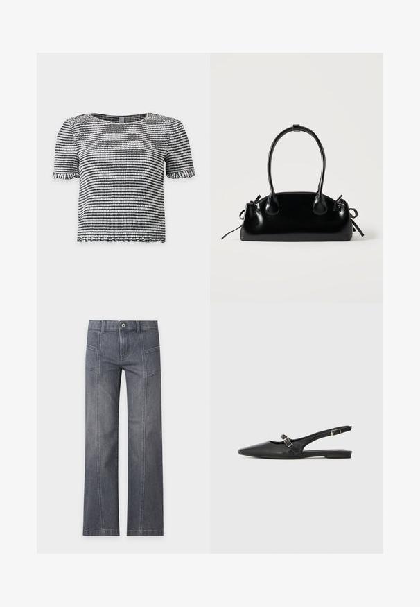 Haut à manches courtes rayé noir et blanc en tissu texturé smocké avec des bords volantés aux manches et à l’ourlet.; Jean droit gris en denim avec détails sur la couture avant, passants de ceinture et fermeture par bouton sur un fond clair uni.; Chaussures slingback en cuir noir avec un bout pointu, comprenant une lanière étroite et un accent de boucle argentée sur le côté. Semelle plate.; Petit sac à main noir brillant avec deux longues anses et des détails à cordon sur les côtés sur un fond clair uni.