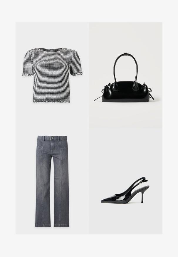 Schwarz-weiß gestreiftes Kurzarm-Top aus strukturiertem, gerafftem Stoff mit Rüschen an Ärmeln und Saum.; Straight-leg graue Denim-Jeans mit vorderen Nahtdetails, Gürtelschlaufen und Knopfverschluss vor einem schlichten hellen Hintergrund.; Schwarze Lackleder Slingback-Pumps mit einer spitzen Zehe und schlankem Absatz. Mit einem verstellbaren Schnallenriemen hinten. Glatte Textur.; Kleine schwarze glänzende Handtasche mit zwei langen Griffen und seitlichen Kordelzug-Details vor einfachem hellem Hintergrund.