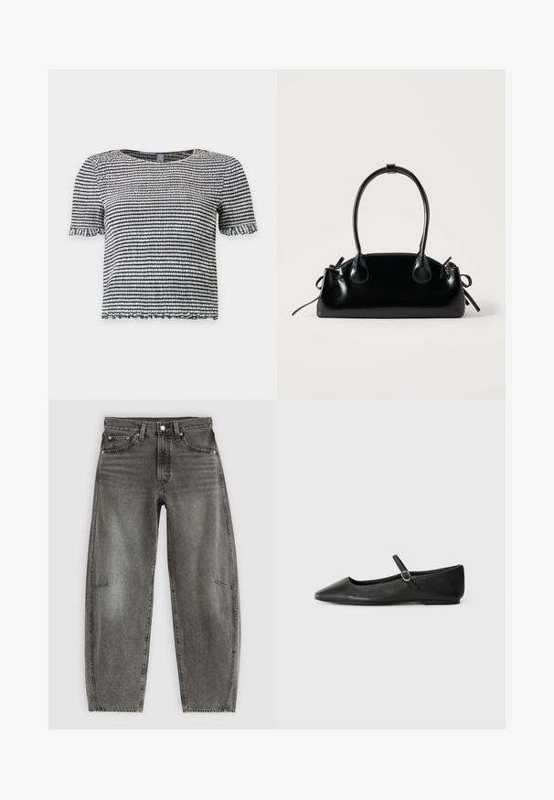 Sort og hvid stribet top med korte ærmer i tekstureret, smocket stof med flæsekant på ærmer og kant.; Højtaljede gråvaskede denimjeans med fem lommer, knaplukning og en afslappet lige pasform.; Sorte læder balletflade med spids tå, flad sål og en lille spænde rem over anklen for en sikker pasform.; Lille sort blank håndtaske med to lange håndtag og snøre-detaljer i siden på en ensfarvet lys baggrund.