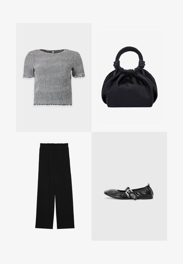 Haut à manches courtes rayé noir et blanc en tissu texturé smocké avec des bords volantés aux manches et à l’ourlet.; Pantalons larges noirs à taille volante, dotés de deux poches latérales et d'un tissu lisse et léger. Pas de motifs ni de matériel visible.; Chaussure plate en cuir noir avec un nez pointu, des détails froncés autour de l'ouverture et un accent en boucle argentée sur la bride ajustable.; Sac à main en tissu noir doux avec haut froncé et poignées circulaires rembourrées nouées de chaque côté.