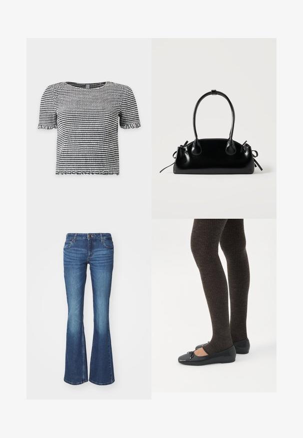 Zwart-wit gestreept topje met korte mouwen, gemaakt van een gestructureerde, geplooide stof met gerimpelde randen aan de mouwen en zoom.; Flared jeans in middelblauwe denim. Voorzien van een rits met een metalen knoop, twee zijzakken en vervagingdetails bij de knieën.; Benen met donkere geribbelde leggings gecombineerd met zwarte ballerina's met kleine strikdetails op een witte achtergrond.; Kleine zwarte glanzende handtas met twee lange hengsels en zijkant trekkoord details op een effen lichte achtergrond.