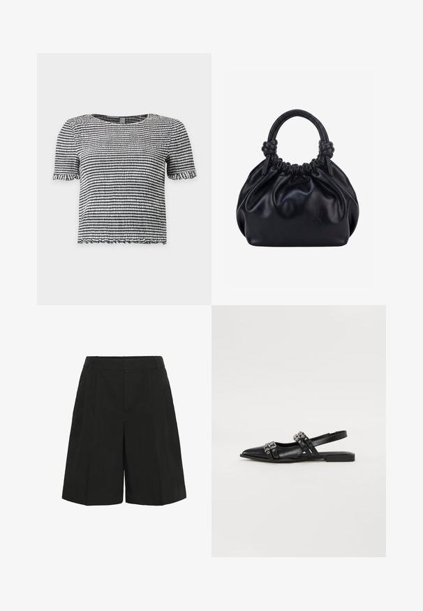 Haut à manches courtes rayé noir et blanc en tissu texturé smocké avec des bords volantés aux manches et à l’ourlet.; Shorts noirs sur mesure longueur genou avec passants de ceinture et plis à l'avant, présentés sur fond blanc.; Even&Odd by Zalando Ballerines à brides arrière - black; Sac à main en cuir noir souple avec le dessus froncé et deux grosses poignées nouées sur un fond uni clair.