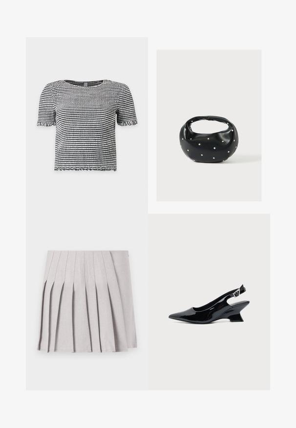 Haut à manches courtes rayé noir et blanc en tissu texturé smocké avec des bords volantés aux manches et à l’ourlet.; Jupe plissée grise au toucher lisse, dotée de multiples plis verticaux et d'une taille ajustée. Fabriquée en tissu léger.; Chaussure slingback en cuir verni noir avec bout pointu et petit talon bloc incliné sur fond clair uni.; Sac à main en cuir noir de forme arrondie, décoré de clous argentés et équipé d'une poignée courte. Texture lisse et fermeture éclair.