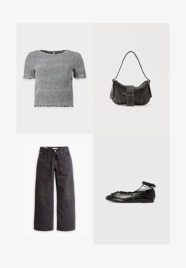 Zwart-wit gestreept topje met korte mouwen, gemaakt van een gestructureerde, geplooide stof met gerimpelde randen aan de mouwen en zoom.; Zwarte wijde denim jeans met een trekkoord in de taille, vijf zakken en contrasterende stiksels. Platte voorkant.; Zwarte ballerina's van lakleer met een afgeronde neus, veterdesign en een platte zool. Glad oppervlak met minimale details.; Zwarte leren schoudertas met gespsluiting aan de riem, afgeronde hoeken en contrasterende witte stiksels op een effen achtergrond.