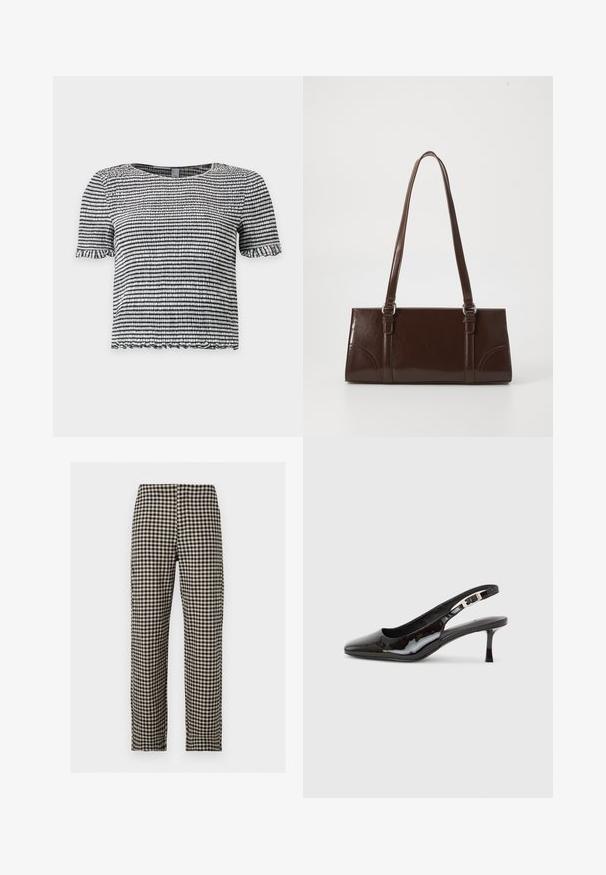 Haut à manches courtes rayé noir et blanc en tissu texturé smocké avec des bords volantés aux manches et à l’ourlet.; Pantalon droit à carreaux noir et beige avec devant plat et taille mi-haute sur fond blanc uni.; Chaussure slingback en cuir verni noir avec bout pointu, boucle argentée et talon kitten de hauteur moyenne sur un fond clair uni.; Sac à main en cuir verni marron de forme rectangulaire, avec deux longues poignées et des accents courbés subtils à l'avant.