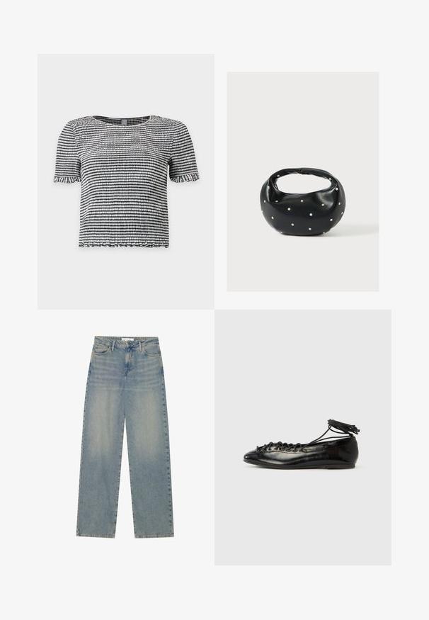 Sort og hvid stribet top med korte ærmer i tekstureret, smocket stof med flæsekant på ærmer og kant.; Lyseblå højtaljede lige ben jeans i denim med forlommer, bæltestropper og synlig knap- og lynlåslukning.; Sorte balletflade sko i laklæder med rundet tå, snørelukning og flad sål. Glat tekstur med få detaljer.; Sort læderhåndtaske med en rundet form, dekoreret med sølvnitter, og et kort håndtag. Glat tekstur og lynlåslukning.