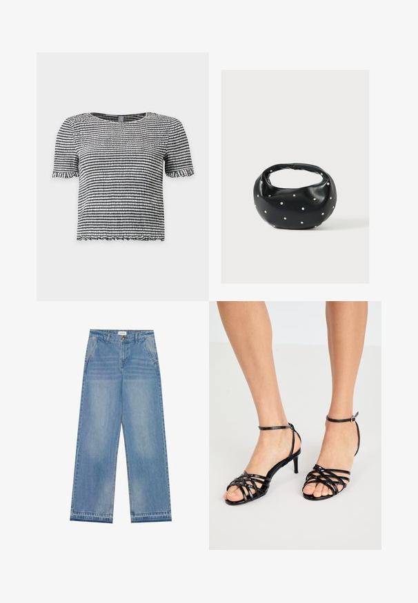 Sort og hvid stribet top med korte ærmer i tekstureret, smocket stof med flæsekant på ærmer og kant.; Lyseblå højtaljede wide-leg jeans med knaplukning, frontlommer, bæltestropper og diskret falmet detaljer.; Sorte ankelstropper højhælede sandaler med blank overflade. Ankelrem med spænde. Åben tå design med krydsdetaljer.; Sort læderhåndtaske med en rundet form, dekoreret med sølvnitter, og et kort håndtag. Glat tekstur og lynlåslukning.