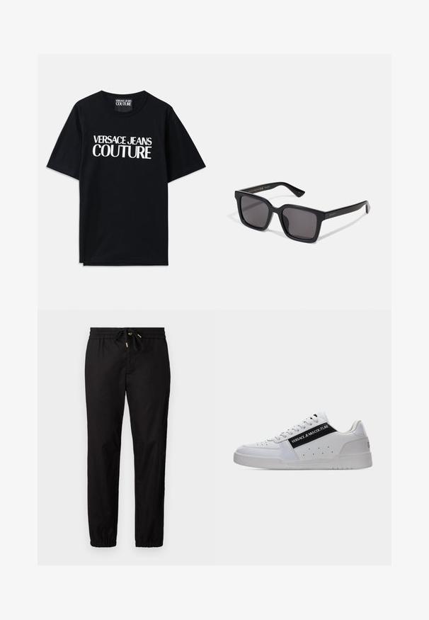Μαύρο βαμβακερό T-shirt με κοντά μανίκια, με μεγάλο λευκό κείμενο "VERSACE JEANS COUTURE" μπροστά. Κλασικός σχεδιασμός με λαιμόκοψη.; Μαύρο παντελόνι με ελασική ζώνη και κορδόνι. Διαθέτει στενεμένες μπατζάκια με ελαστικές μανσέτες. Λείο, ελαφρύ ύφασμα.; Λευκό χαμηλό αθλητικό παπούτσι με μαύρο πλαϊνό πάνελ με την επιγραφή "Versace Jeans Couture", με κορδόνια μπροστά και διατρήσεις στη μύτη και την πλευρά.; Μαύρα τετράγωνα γυαλιά ηλίου με σκούρους φακούς. Ο σκελετός διαθέτει ματ φινίρισμα με χρυσή επωνυμία "GUCCI" στο χέρι. Ανθεκτικός σχεδιασμός με γωνίες.