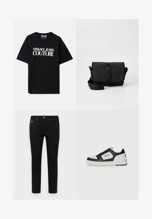 Schwarzes Baumwoll-T-Shirt mit kurzen Ärmeln, das auf der Vorderseite den großen weißen Text "VERSACE JEANS COUTURE" trägt. Klassisches Rundhalsdesign.; Schwarze Jeanshose mit schmaler Passform, ausgestattet mit einem Knopfverschluss, fünf Taschen und goldenen Hardware-Details. Der Stoff ist glatt und hat ein einfarbiges Design.; Schwarzer und weißer Sneaker mit einem glatten Lederobermaterial, durchlöcherter Zehenbox, kontrastierendem weißen Element und Logodetails an der Seite und Ferse.; Schwarze Nylon-Crossbody-Tasche mit Klappe, ausgestattet mit einem auffälligen Logo-Gurtverschluss, verstellbarem Tragegurt und seitlichen Steppnähten.