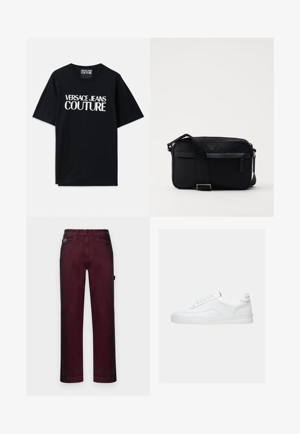 Čierne bavlnené tričko s krátkymi rukávmi s veľkým bielym nápisom "VERSACE JEANS COUTURE" na prednej strane. Klasický dizajn s okrúhlym výstrihom.; Burgundské denimové nohavice so streight strihom, piatimi vreckami, kovovým uzáverom a pútkami na opasok pre nastaviteľnú veľkosť.; Biela nízka teniska so šnurovacím dizajnom, hladkým koženým zvrškom a hrubou podrážkou, zobrazená z bočného pohľadu na jednoduchom pozadí.; Čierna nylonová taška cez rameno so kontrastným popruhom, štýlovým obdĺžnikovým tvarom, detailom loga a zipsovou kapsou na prednej strane.