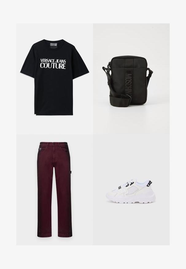 Schwarzes Baumwoll-T-Shirt mit kurzen Ärmeln, das auf der Vorderseite den großen weißen Text "VERSACE JEANS COUTURE" trägt. Klassisches Rundhalsdesign.; Burgunderfarbene Denim-Hosen mit geradem Schnitt, fünf Taschen, Metallknopfverschluss und Gürtelschlaufen für eine verstellbare Passform.; Weiße Sportsneaker mit klobiger Sohle, Obermaterial aus Mesh und Synthetik, schwarzen Akzentdetails und Schnürsenkeln. Strukturierte Gestaltung und Logo an der Ferse.; Kompakte schwarze Umhängetasche mit verstellbarem Tragegurt und vertikalem MOSCHINO-Logo auf dem mittleren Frontpanel vor weißem Hintergrund.