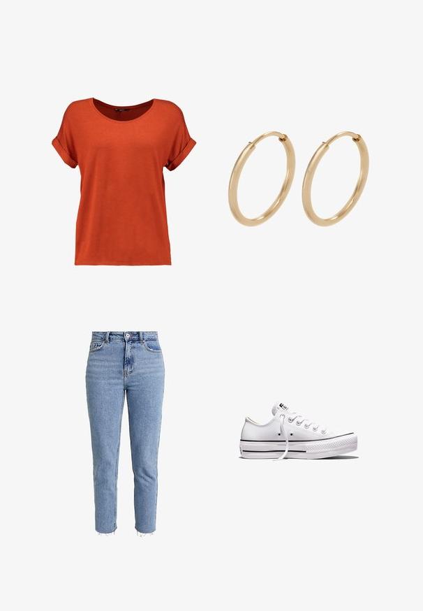 ONLY ONLMOSTER S/S O-NECK TOP NOOS JRS - T-Shirt basic - picante; Hellblaue High-Waist-Jeans aus Denim, mit geradem Bein, fransigem Saum und minimalistischem Design ohne Verzierungen.; Weißer Sneaker aus Segeltuch mit niedrigem Schnitt, weißen Schnürsenkeln, Gummisohle, schwarzen Streifendetails und Logopatch auf der Zunge und Ferse.; Goldene Creolen mit einer glatten, polierten Oberfläche. Abgerundete Form, mittlere Größe, ausgestattet mit einem sicheren Verschlussmechanismus.